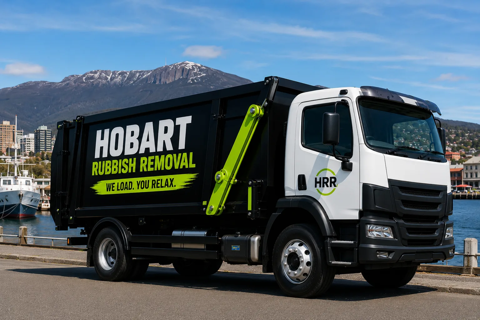 Hobart Rubbish Removal truck — fast local rubbish removal across Hobart with kunanyi/Mount Wellington in the background